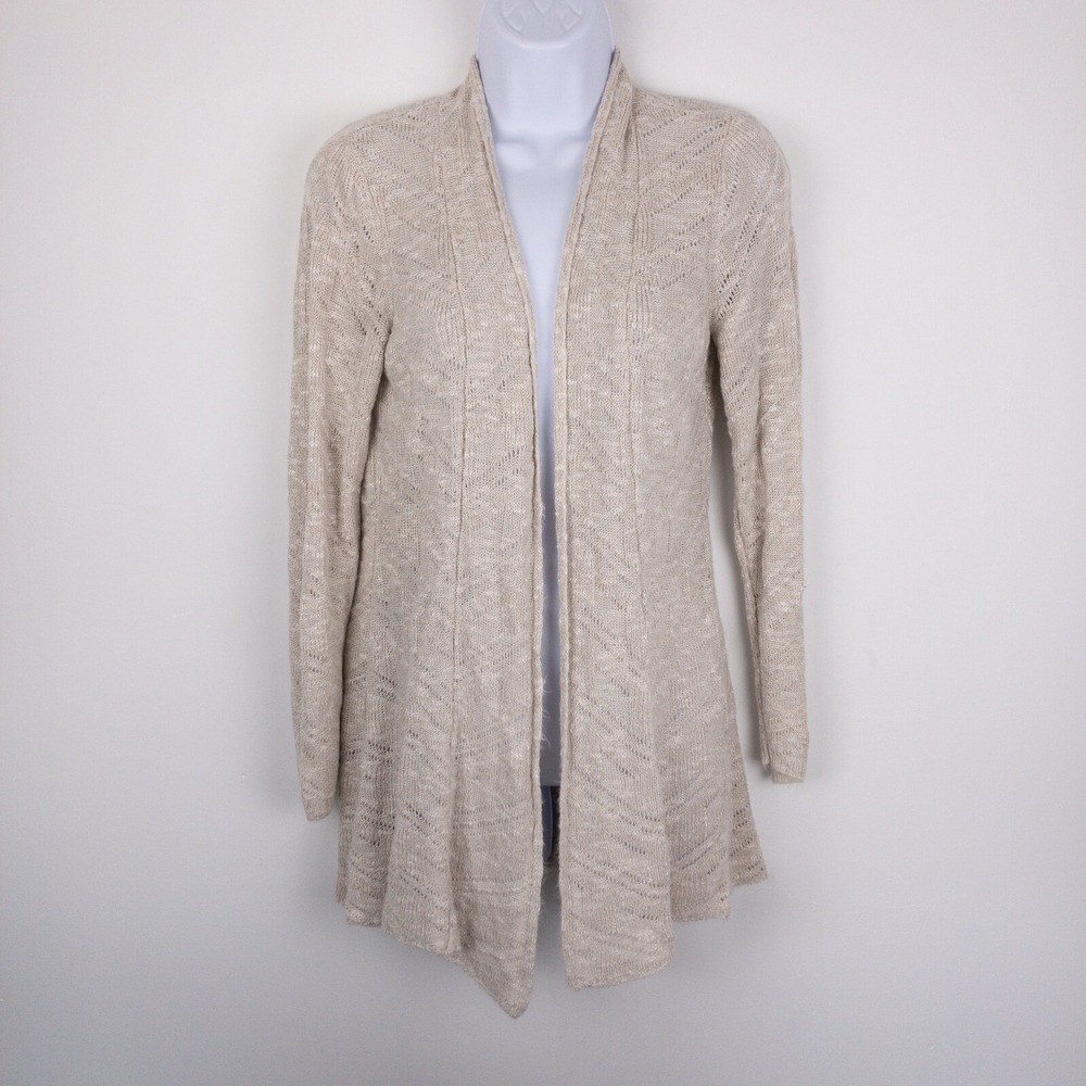 Eileen Fisher Cardigan Womens Petite M Beige Linen Blend Open Front Neutral